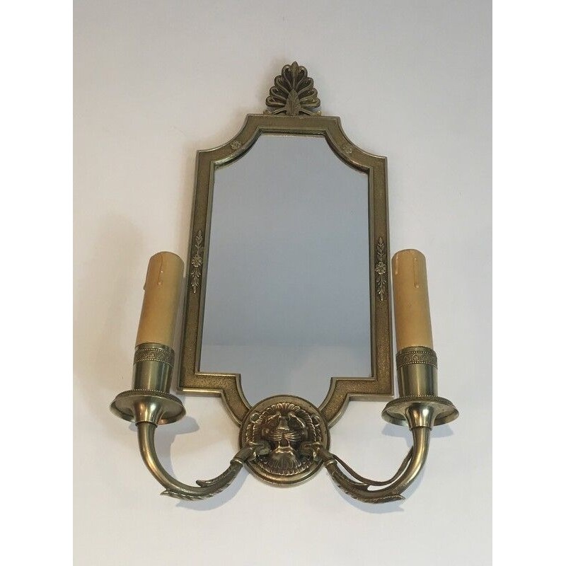 Pair of Empire Style Bronze Wall Sconces with Lion Heads and Mirror Backs, French Work, Circa 1940