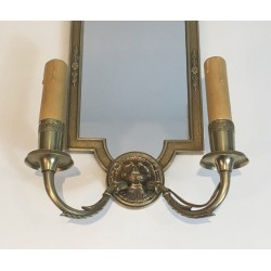 Pair of Empire Style Bronze Wall Sconces with Lion Heads and Mirror Backs, French Work, Circa 1940