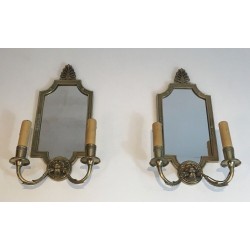 Pair of Empire Style Bronze Wall Sconces with Lion Heads and Mirror Backs, French Work, Circa 1940