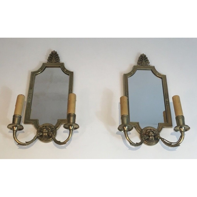 Pair of Empire Style Bronze Wall Sconces with Lion Heads and Mirror Backs, French Work, Circa 1940