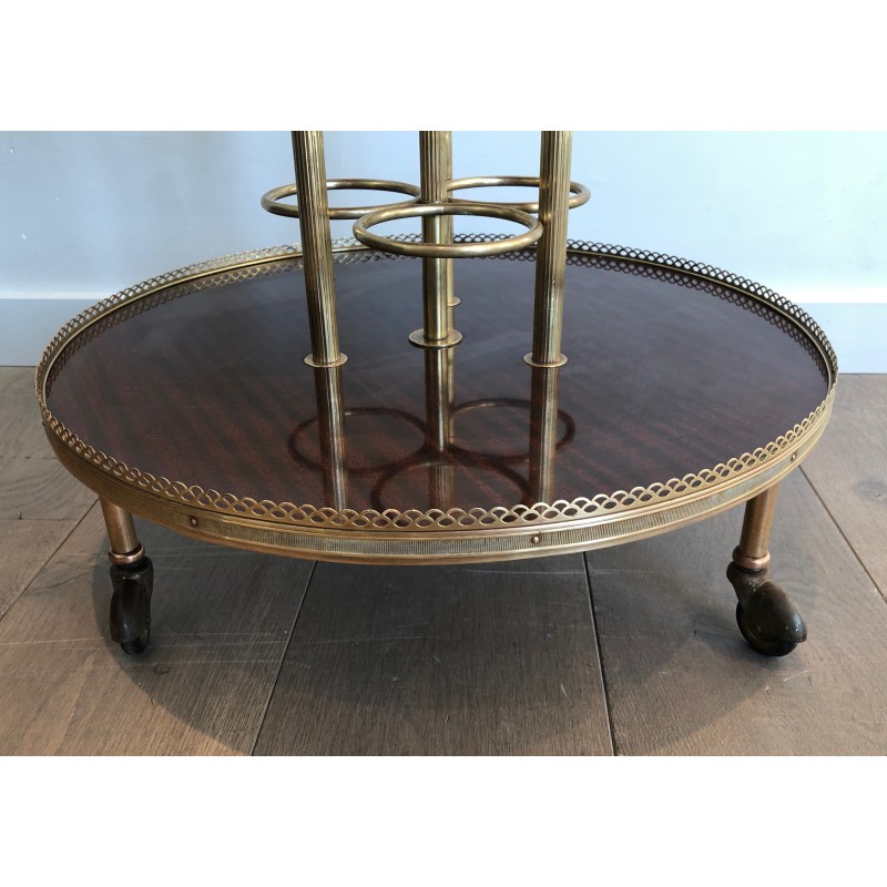 Table Roulante Ronde en Acajou et Laiton, Attribuée à la Maison Jansen, Travail Français, Vers 1940