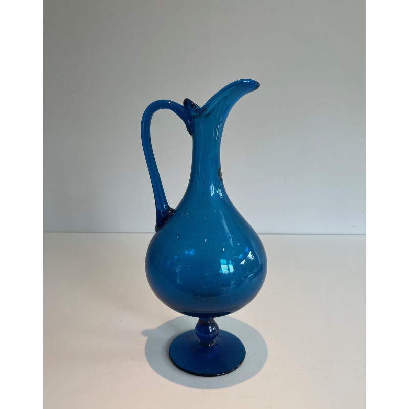 Bluish Art Glass Pitcher Signed Stil Novo, Italian Work, Circa 1970