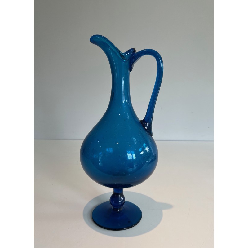 Bluish Art Glass Pitcher Signed Stil Novo, Italian Work, Circa 1970