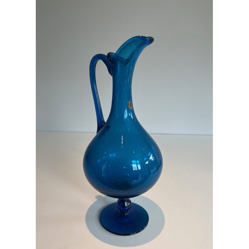 Pichet en Verre d'Art Bleuté Signé Stil Novo, Travail Italien, Vers 1970