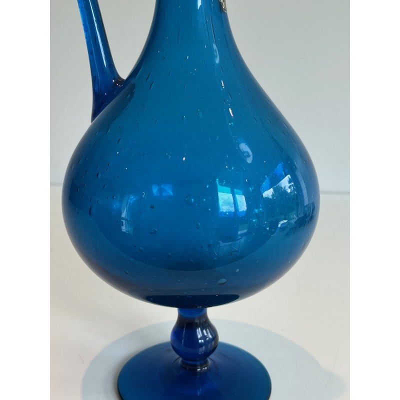 Pichet en Verre d'Art Bleuté Signé Stil Novo, Travail Italien, Vers 1970