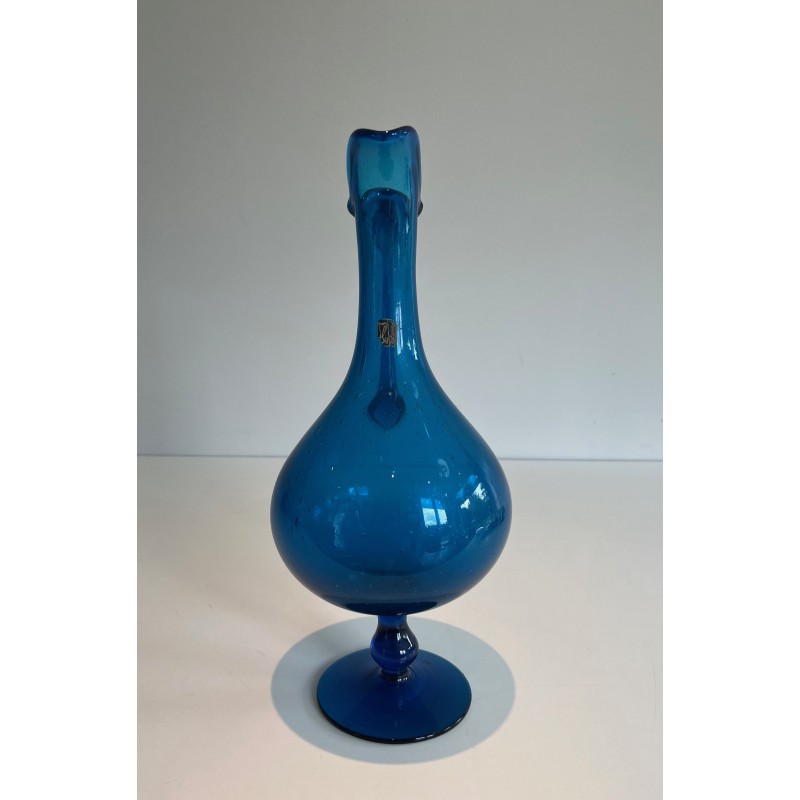 Bluish Art Glass Pitcher Signed Stil Novo, Italian Work, Circa 1970