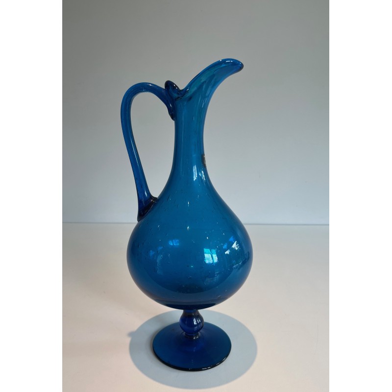 Bluish Art Glass Pitcher Signed Stil Novo, Italian Work, Circa 1970