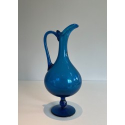 Bluish Art Glass Pitcher Signed Stil Novo, Italian Work, Circa 1970