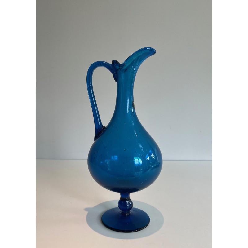 Bluish Art Glass Pitcher Signed Stil Novo, Italian Work, Circa 1970