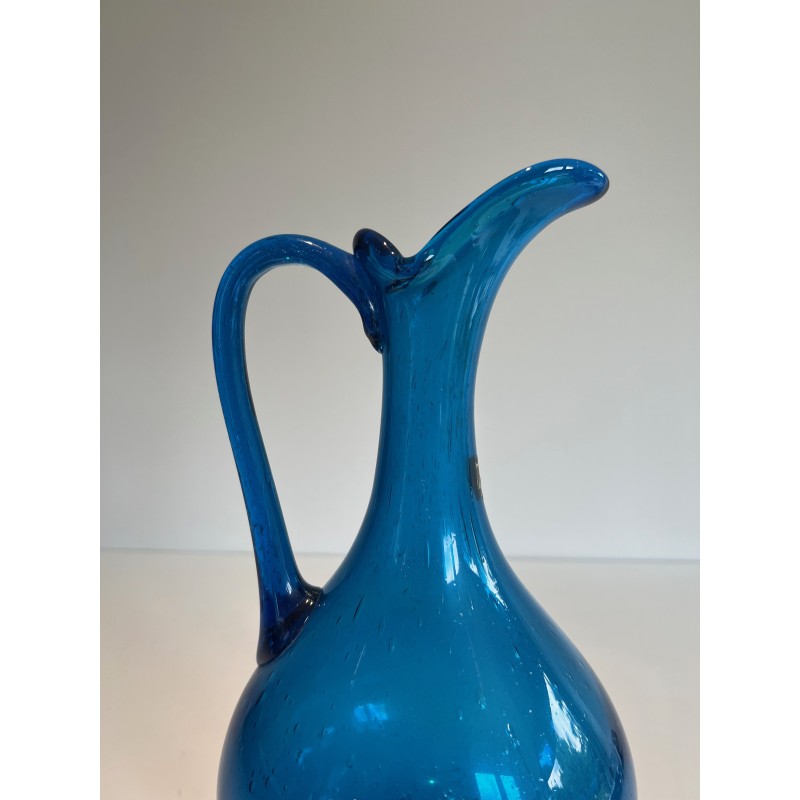 Bluish Art Glass Pitcher Signed Stil Novo, Italian Work, Circa 1970