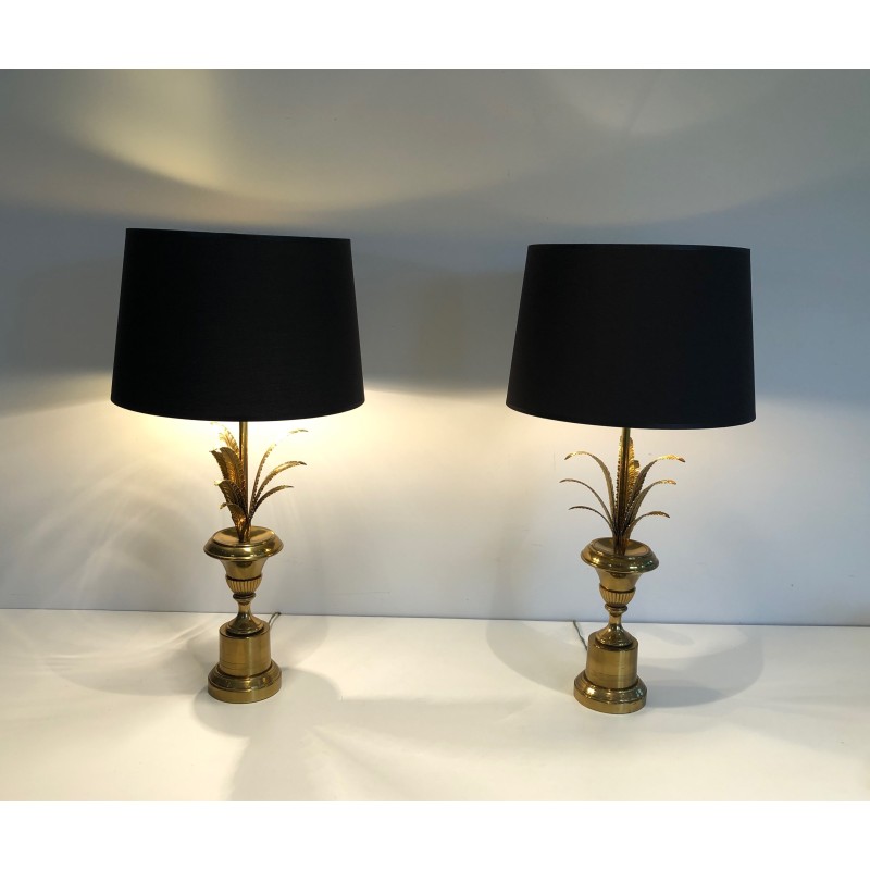 Pair of Neoclassical Style Brass Palm Tree Wall Lights, in the Manner of Maison Charles, Circa 1970