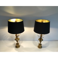 Pair of Neoclassical Style Brass Palm Tree Wall Lights, in the Manner of Maison Charles, Circa 1970