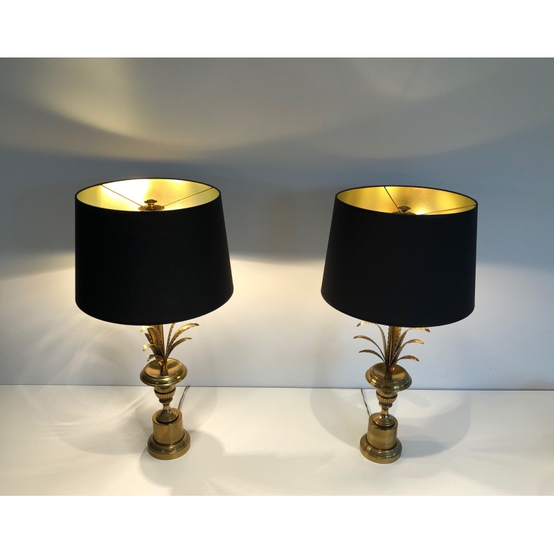 Pair of Neoclassical Style Brass Palm Tree Wall Lights, in the Manner of Maison Charles, Circa 1970