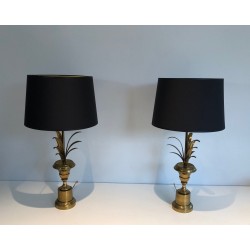 Pair of Neoclassical Style Brass Palm Tree Wall Lights, in the Manner of Maison Charles, Circa 1970