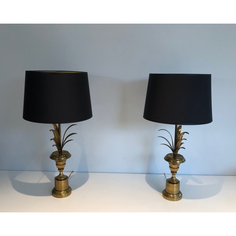 Pair of Neoclassical Style Brass Palm Tree Wall Lights, in the Manner of Maison Charles, Circa 1970