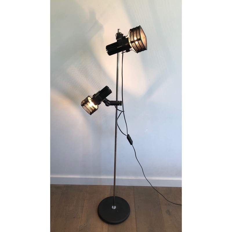 Lampadaire Chrome et Laqué Noir à Réflecteurs Réglables, Travail Français, vers 1980 | Maison BARROIS