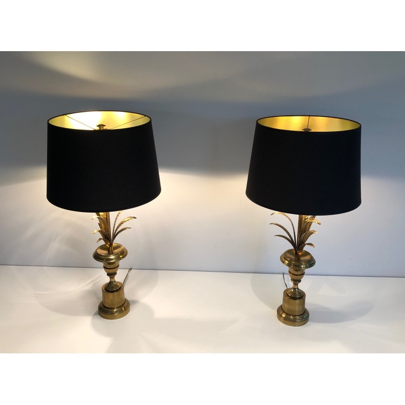 Pair of Neoclassical Style Brass Palm Tree Wall Lights, in the Manner of Maison Charles, Circa 1970