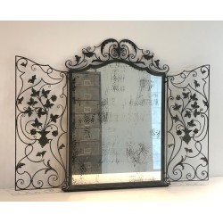 Rare Miroir en Fer Forgé à Deux Vantaux, Décor de Feuillages et Volutes, Travail Français, Vers 1940