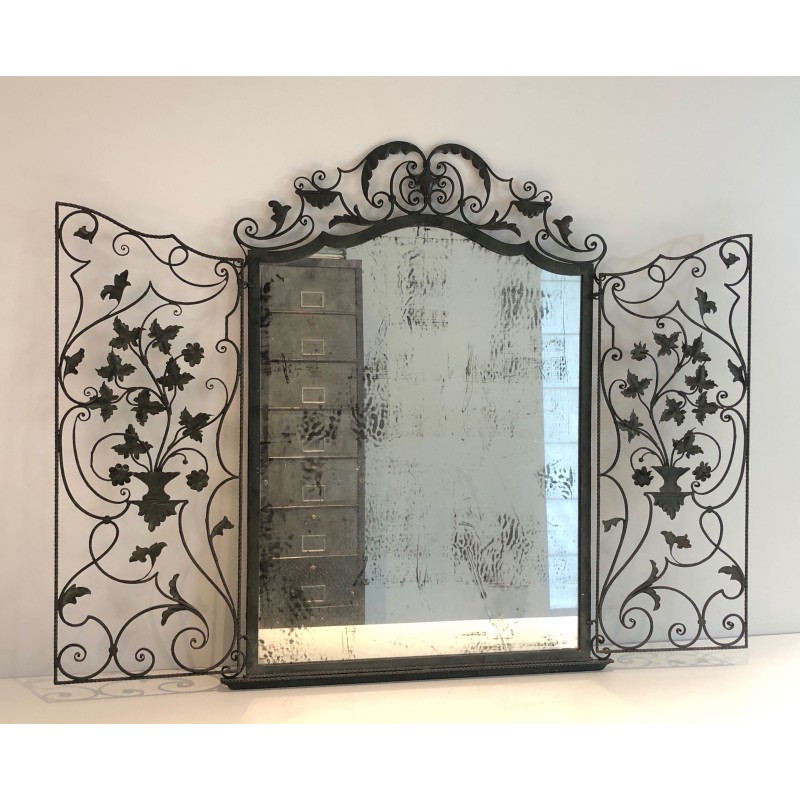 Rare Miroir en Fer Forgé à Deux Vantaux, Décor de Feuillages et Volutes, Travail Français, Vers 1940