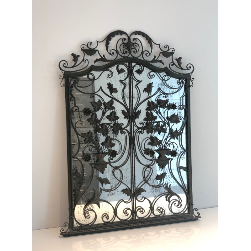 Rare Wrought Iron Mirror with Two Opening Panels, Foliage and Scrolls, French Work, Circa 1940