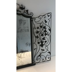 Rare Miroir en Fer Forgé à Deux Vantaux, Décor de Feuillages et Volutes, Travail Français, Vers 1940