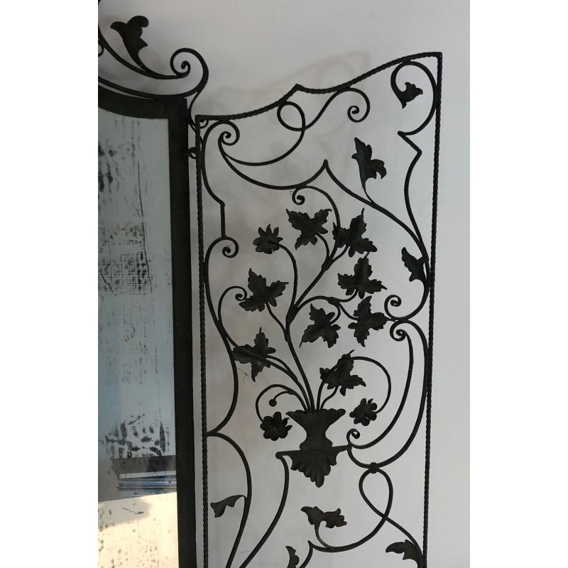Rare Wrought Iron Mirror with Two Opening Panels, Foliage and Scrolls, French Work, Circa 1940