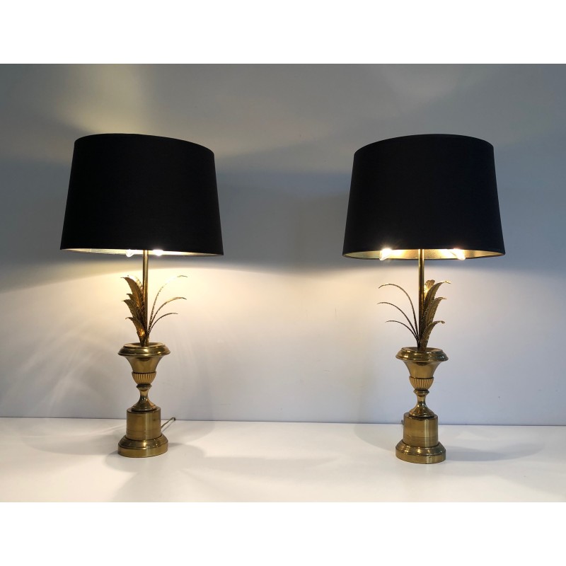 Pair of Neoclassical Style Brass Palm Tree Wall Lights, in the Manner of Maison Charles, Circa 1970