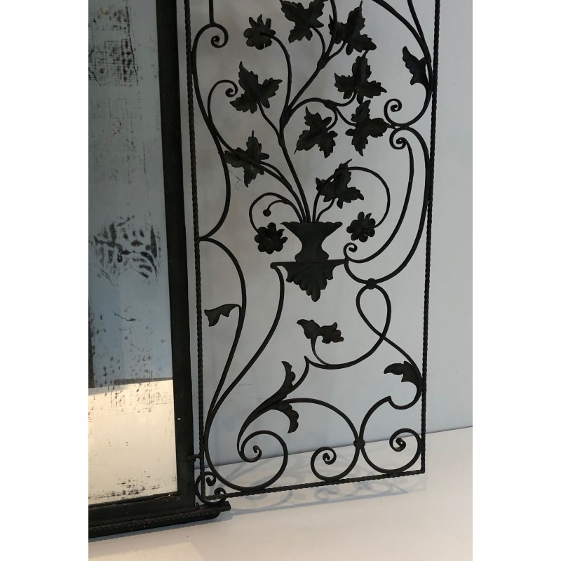 Rare Wrought Iron Mirror with Two Opening Panels, Foliage and Scrolls, French Work, Circa 1940
