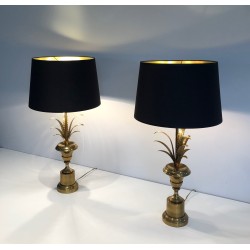Pair of Neoclassical Style Brass Palm Tree Wall Lights, in the Manner of Maison Charles, Circa 1970