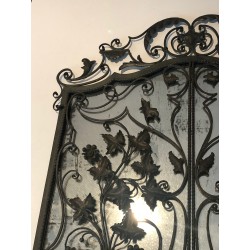 Rare Wrought Iron Mirror with Two Opening Panels, Foliage and Scrolls, French Work, Circa 1940
