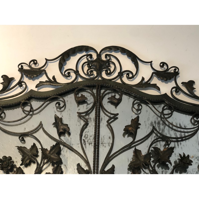 Rare Wrought Iron Mirror with Two Opening Panels, Foliage and Scrolls, French Work, Circa 1940
