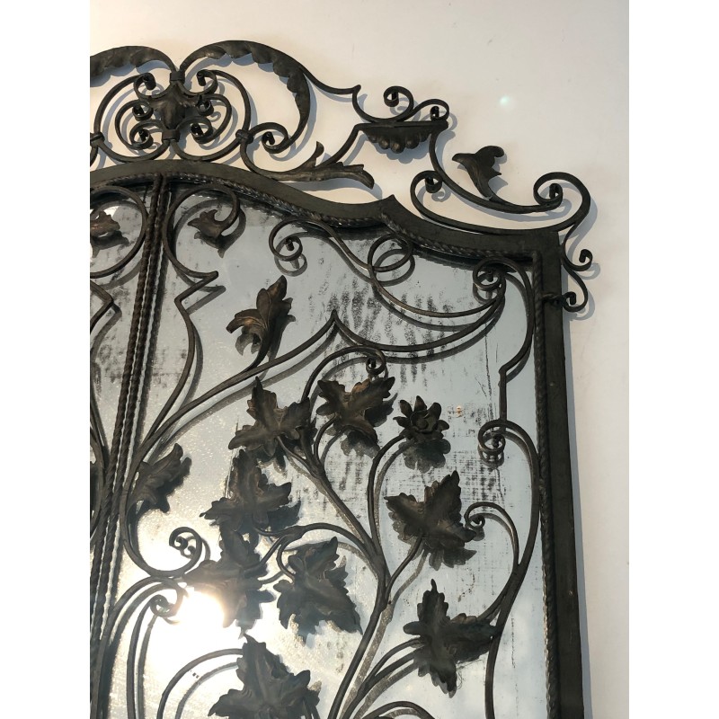 Rare Miroir en Fer Forgé à Deux Vantaux, Décor de Feuillages et Volutes, Travail Français, Vers 1940