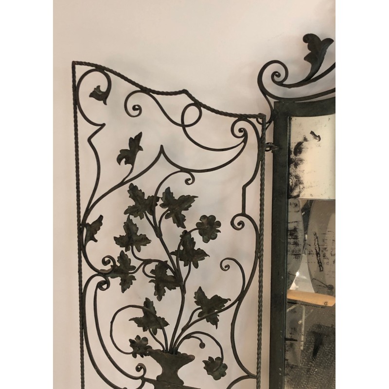 Rare Miroir en Fer Forgé à Deux Vantaux, Décor de Feuillages et Volutes, Travail Français, Vers 1940