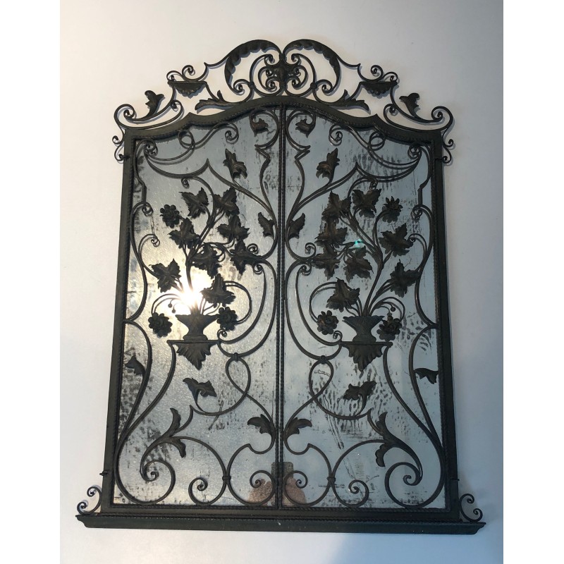 Rare Miroir en Fer Forgé à Deux Vantaux, Décor de Feuillages et Volutes, Travail Français, Vers 1940