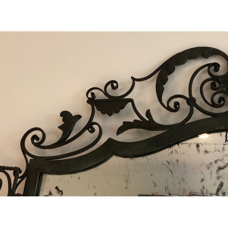 Rare Wrought Iron Mirror with Two Opening Panels, Foliage and Scrolls, French Work, Circa 1940