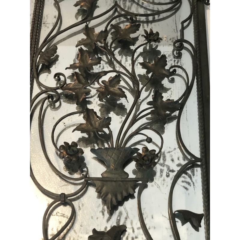 Rare Wrought Iron Mirror with Two Opening Panels, Foliage and Scrolls, French Work, Circa 1940
