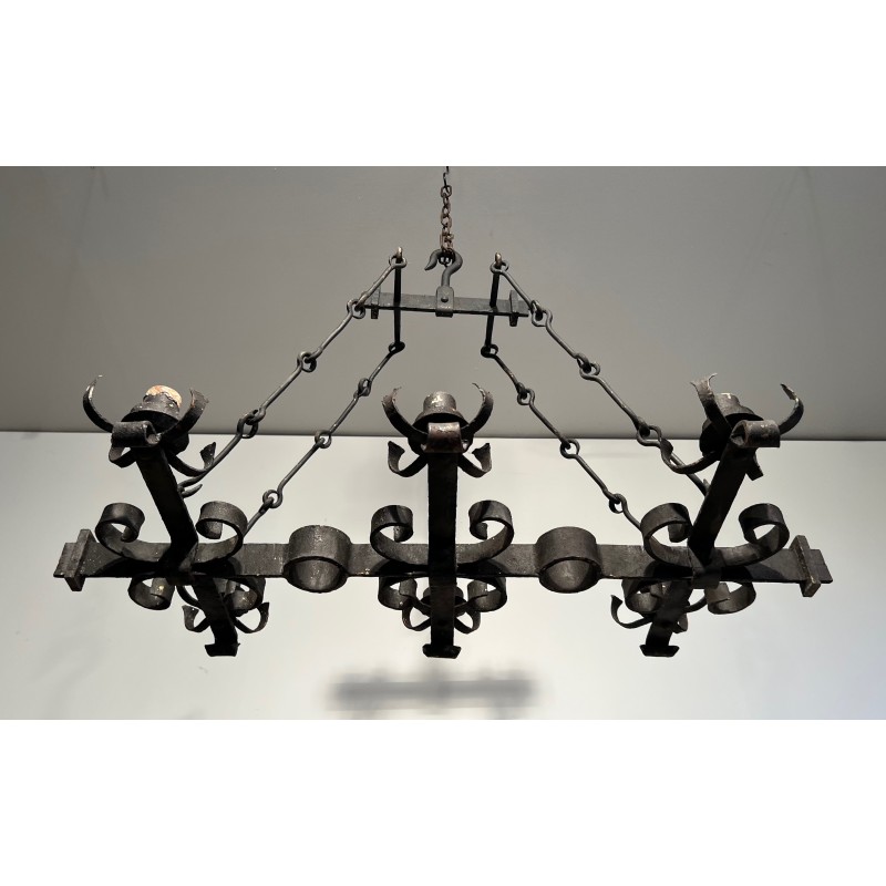 Gothic Style Wrought Iron Rectangular Cage Chandelier with Six Arms of Light, French Work, Circa 1950