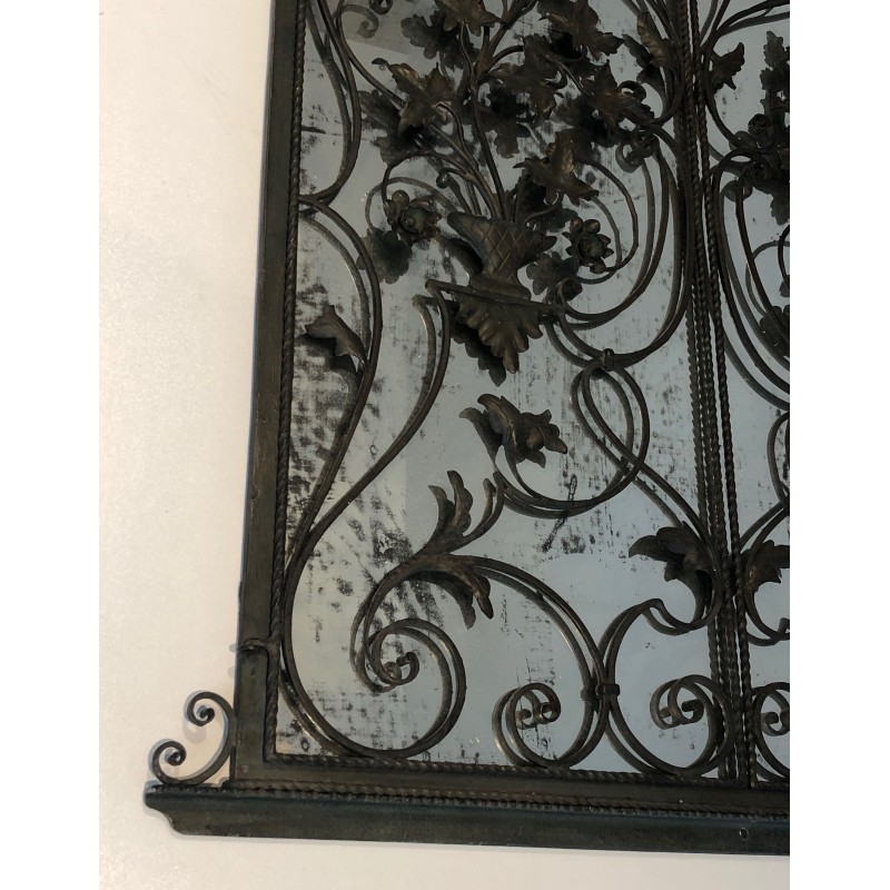 Rare Wrought Iron Mirror with Two Opening Panels, Foliage and Scrolls, French Work, Circa 1940