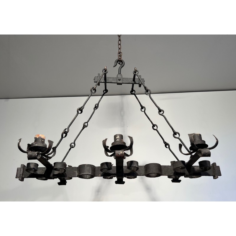 Gothic Style Wrought Iron Rectangular Cage Chandelier with Six Arms of Light, French Work, Circa 1950