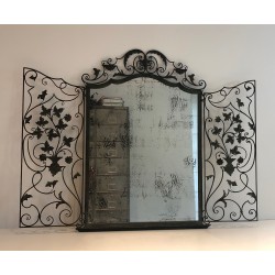 Rare Wrought Iron Mirror with Two Opening Panels, Foliage and Scrolls, French Work, Circa 1940