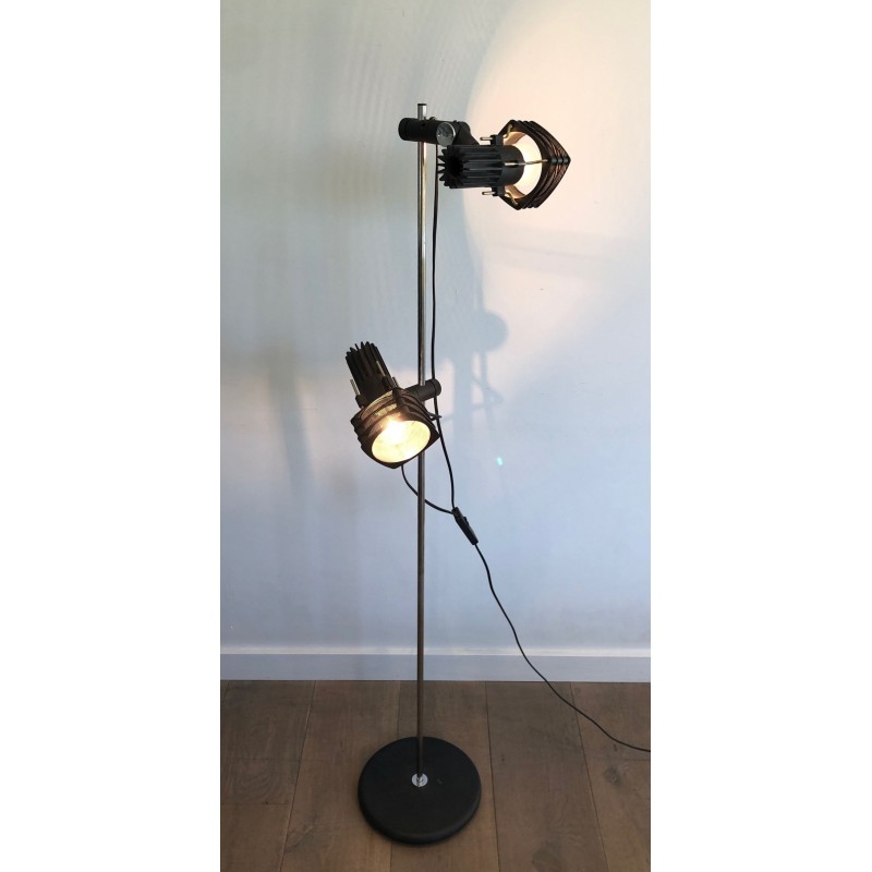 Lampadaire Chrome et Laqué Noir à Réflecteurs Réglables, Travail Français, vers 1980 | Maison BARROIS