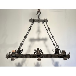 Gothic Style Wrought Iron Rectangular Cage Chandelier with Six Arms of Light, French Work, Circa 1950