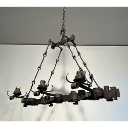 Lustre Cage Rectangulaire en Fer Forgé de Style Gothique à Six Bras de Lumière, Travail Français, Vers 1950