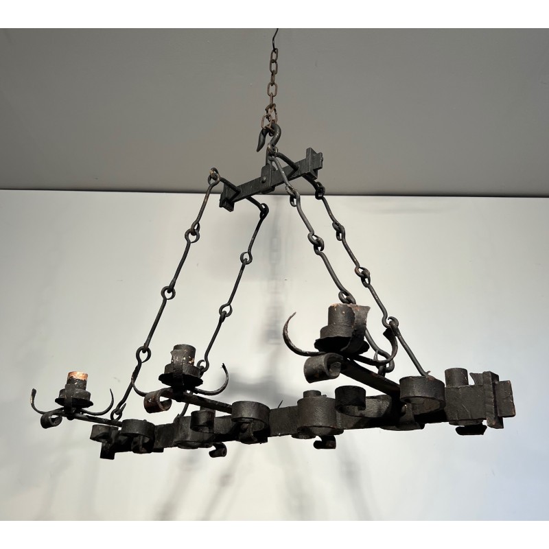 Lustre Cage Rectangulaire en Fer Forgé de Style Gothique à Six Bras de Lumière, Travail Français, Vers 1950