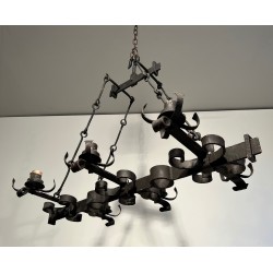 Gothic Style Wrought Iron Rectangular Cage Chandelier with Six Arms of Light, French Work, Circa 1950