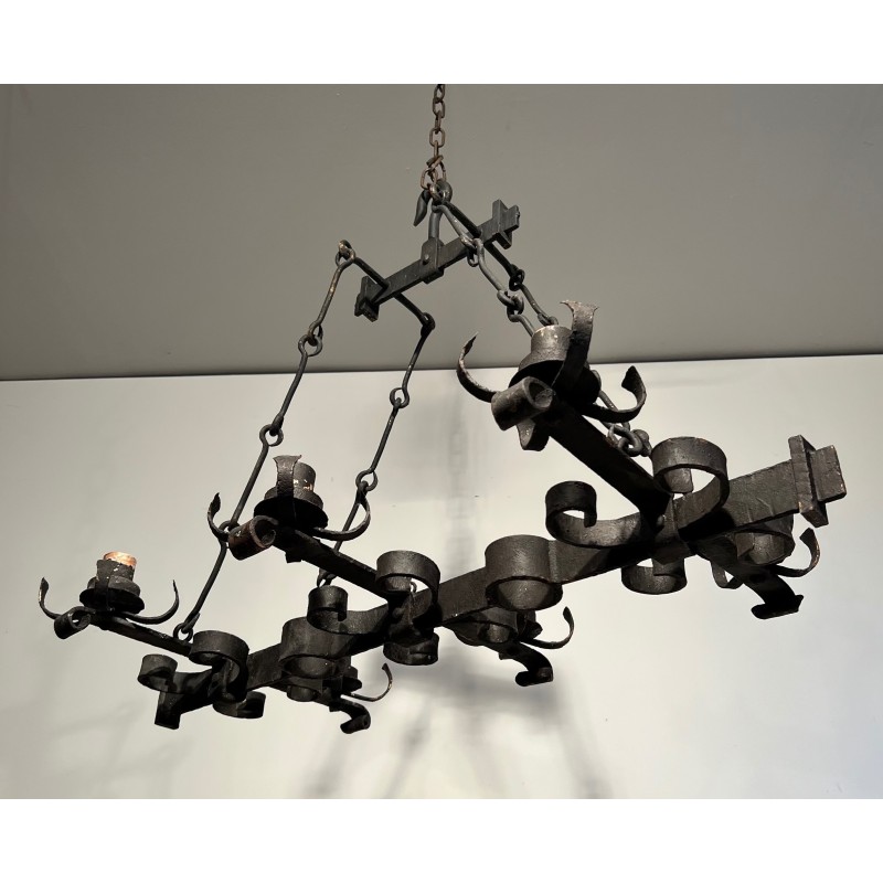 Lustre Cage Rectangulaire en Fer Forgé de Style Gothique à Six Bras de Lumière, Travail Français, Vers 1950