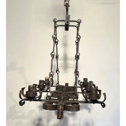 Lustre Cage Rectangulaire en Fer Forgé de Style Gothique à Six Bras de Lumière, Travail Français, Vers 1950