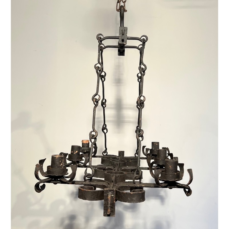 Lustre Cage Rectangulaire en Fer Forgé de Style Gothique à Six Bras de Lumière, Travail Français, Vers 1950