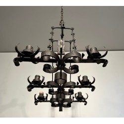 Gothic Style Wrought Iron Rectangular Cage Chandelier with Six Arms of Light, French Work, Circa 1950