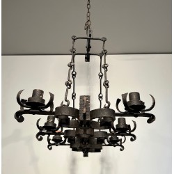 Lustre Cage Rectangulaire en Fer Forgé de Style Gothique à Six Bras de Lumière, Travail Français, Vers 1950